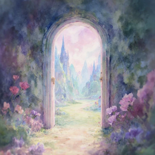 Aquarelle d'une arche ouverte sur un paysage onirique