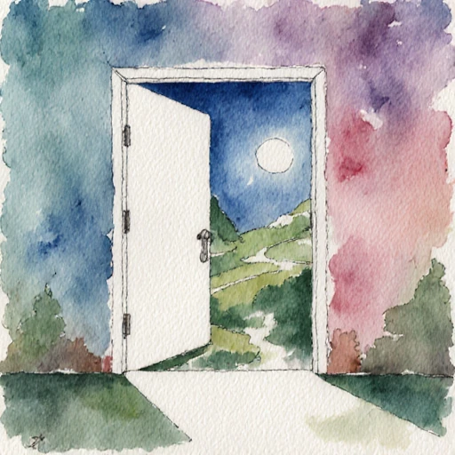 Aquarelle d'une porte ouverte sur un paysage onirique au clair de lune
